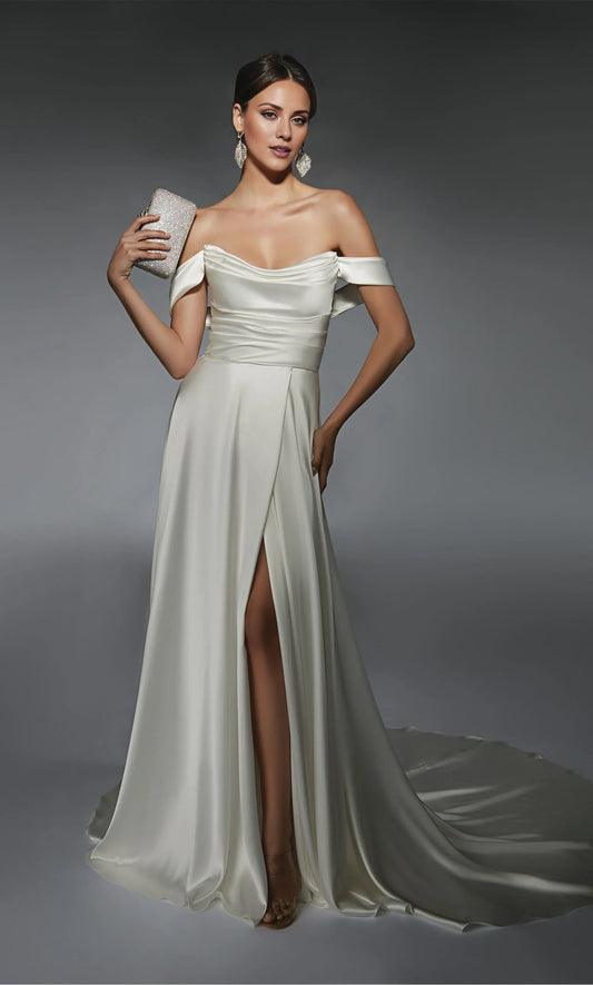 A-Line Off-Shoulder Satin High Slit Wedding Dress - Yihuiw by Yihuiw