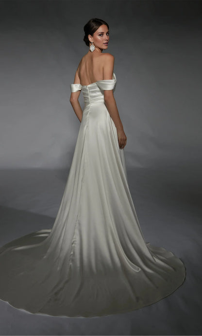 A-Line Off-Shoulder Satin High Slit Wedding Dress - Yihuiw by Yihuiw
