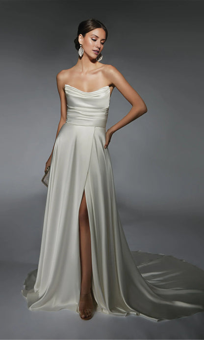 A-Line Off-Shoulder Satin High Slit Wedding Dress - Yihuiw by Yihuiw