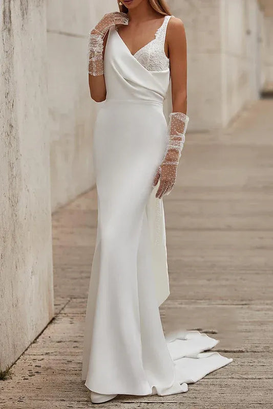 Mermaid V-Neck Satin Floor-Length Wedding Dress - Yihuiw by Yihuiw