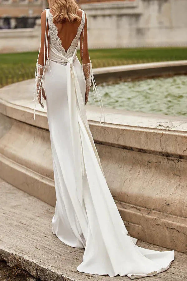 Mermaid V-Neck Satin Floor-Length Wedding Dress - Yihuiw by Yihuiw
