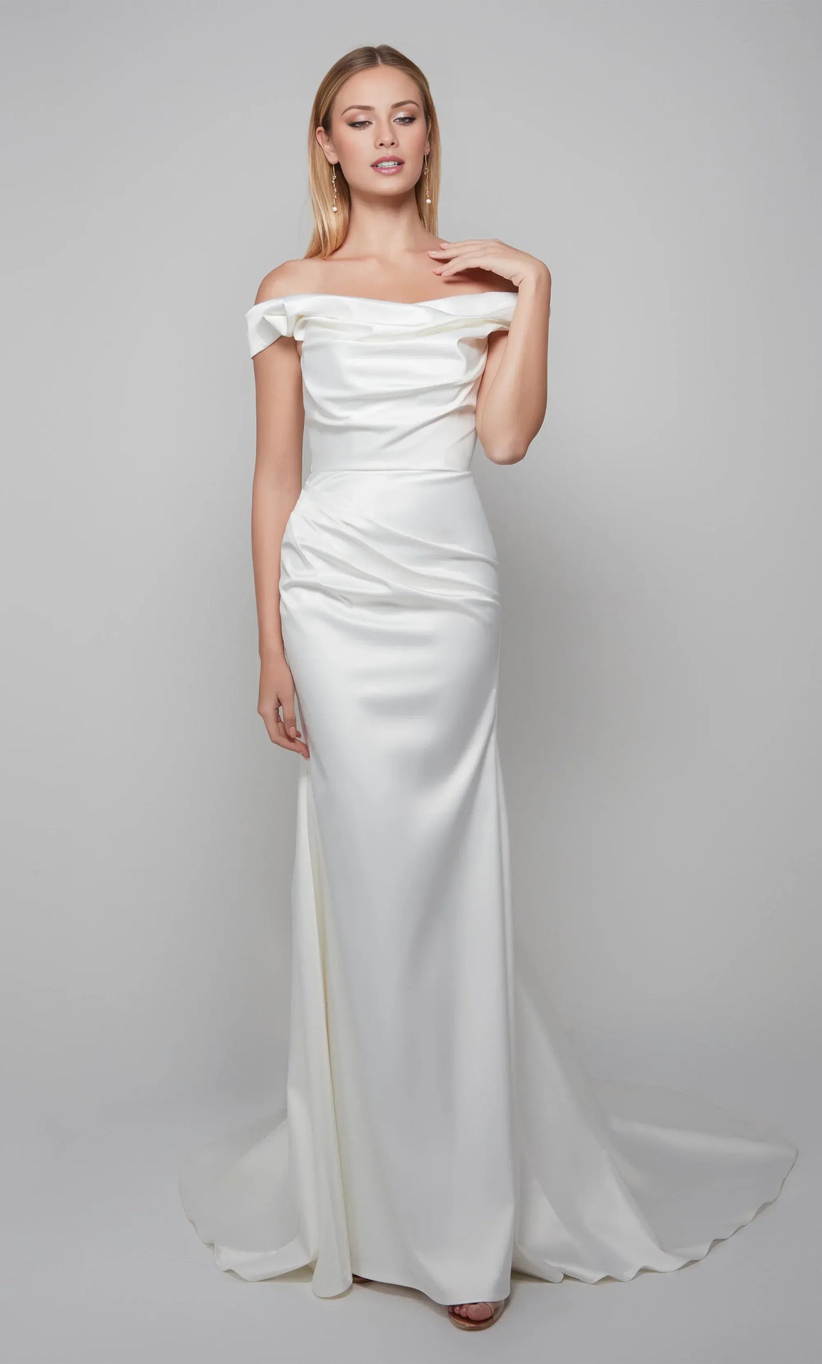 Mermaid Off-Shoulder Satin Short Sleeve Train Mini Wedding Dress - Yihuiw by Yihuiw
