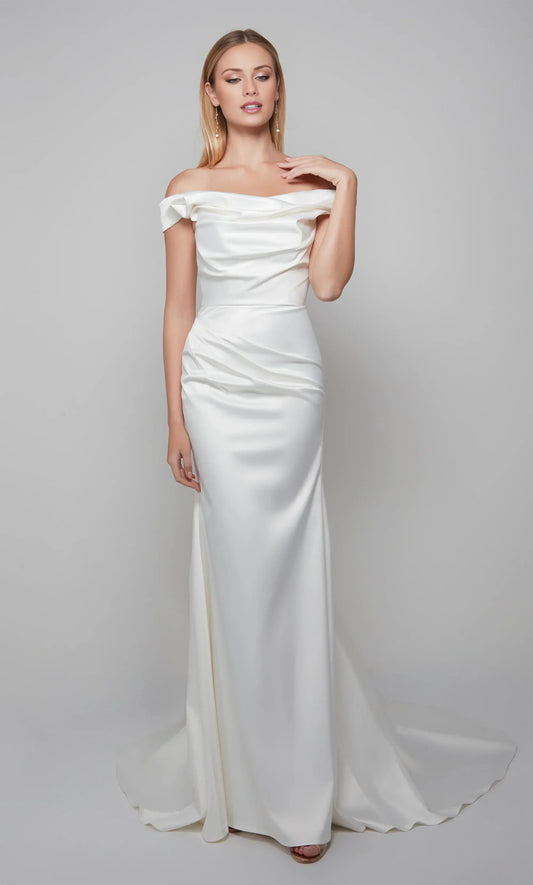 Mermaid Off-Shoulder Satin Short Sleeve Train Mini Wedding Dress - Yihuiw by Yihuiw