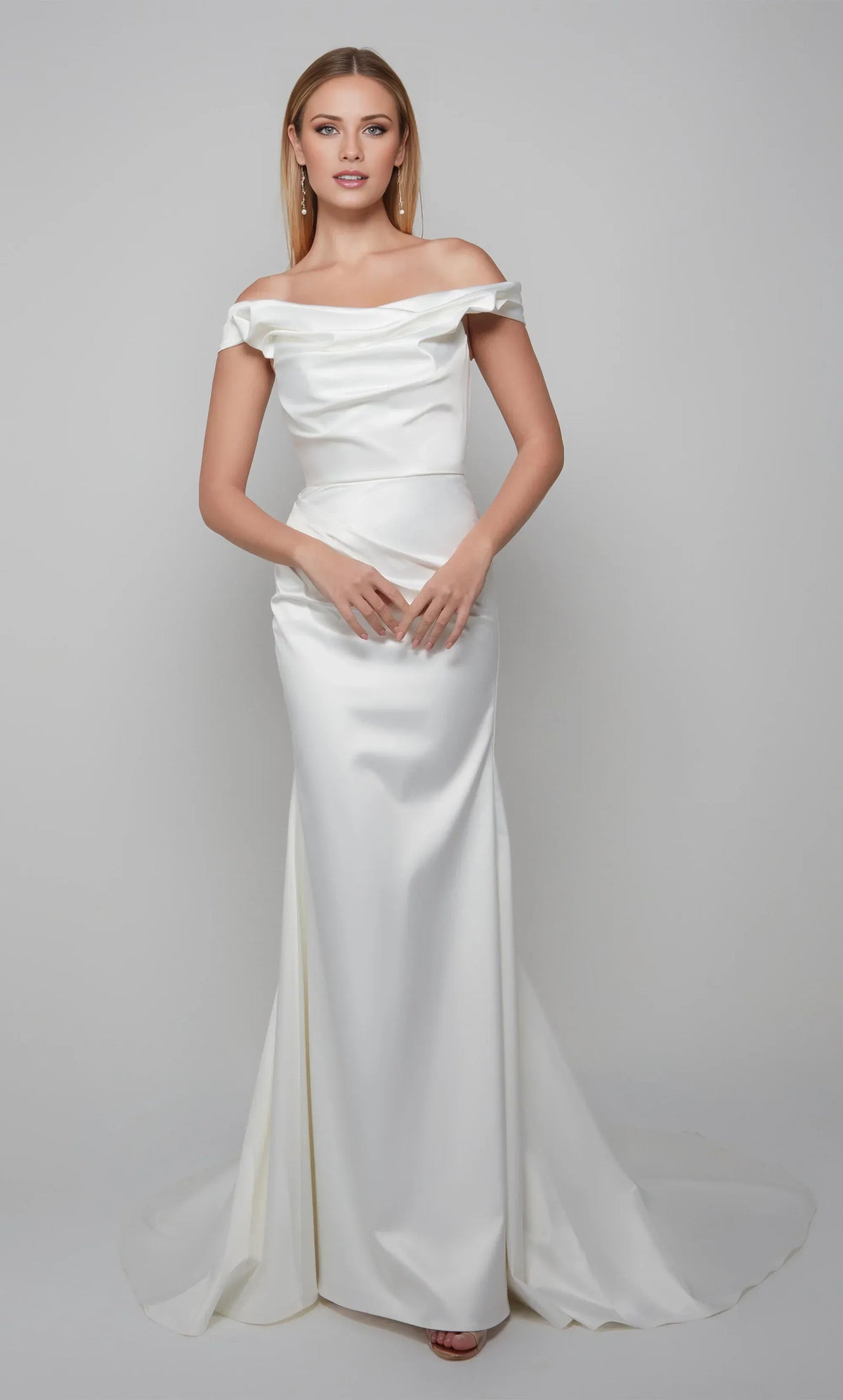 Mermaid Off-Shoulder Satin Short Sleeve Train Mini Wedding Dress - Yihuiw by Yihuiw