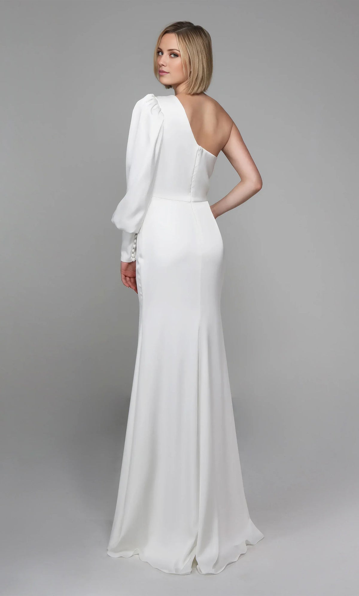 Mermaid One-Shoulder Satin Puff Sleeve Floor-Length Wedding Dress - Yihuiw by Yihuiw