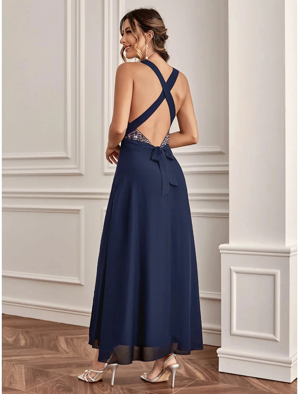A-Line Wedding Guest Dresses Sparkle & Shine Dress Holiday Cocktail Party Ankle Length Sleeveless V Neck Sequined with Sequin Slit by YiHuiw