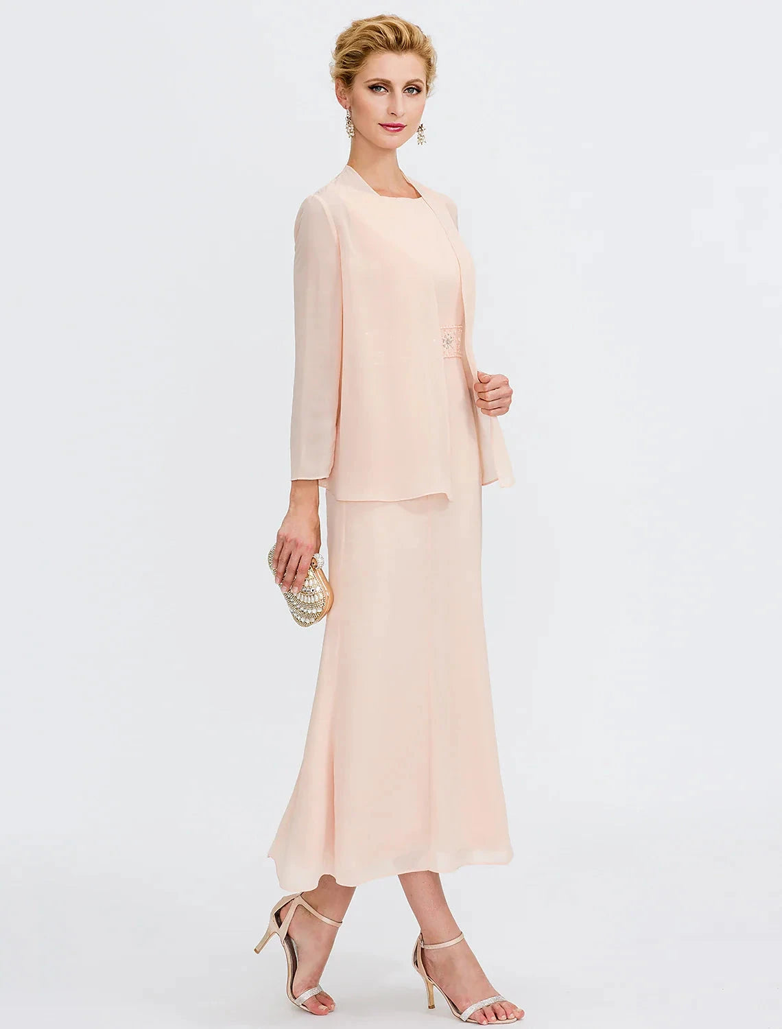 Two Piece Sheath / Column Mother of the Bride Dress Wedding Guest Plus Size Elegant with Jacket Long Sleeve Scoop Neck Tea Length Chiffon Sash / Ribbon Pleats Beading by YiHuiw