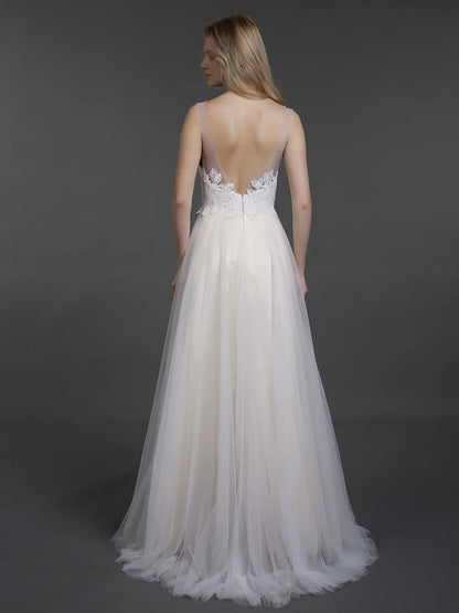 A-Line Illusion Sleeveless Floor-Length Wedding Dress - Yihuiw by Yihuiw