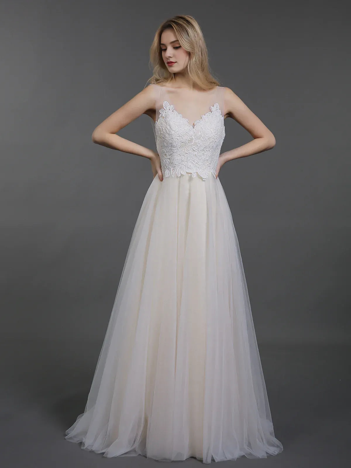 A-Line Illusion Sleeveless Floor-Length Wedding Dress - Yihuiw by Yihuiw