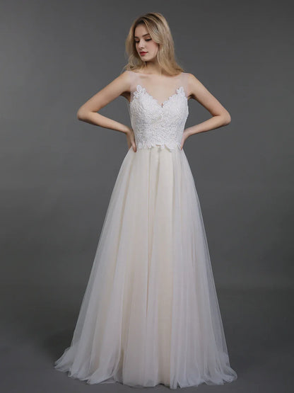 A-Line Illusion Sleeveless Floor-Length Wedding Dress - Yihuiw by Yihuiw