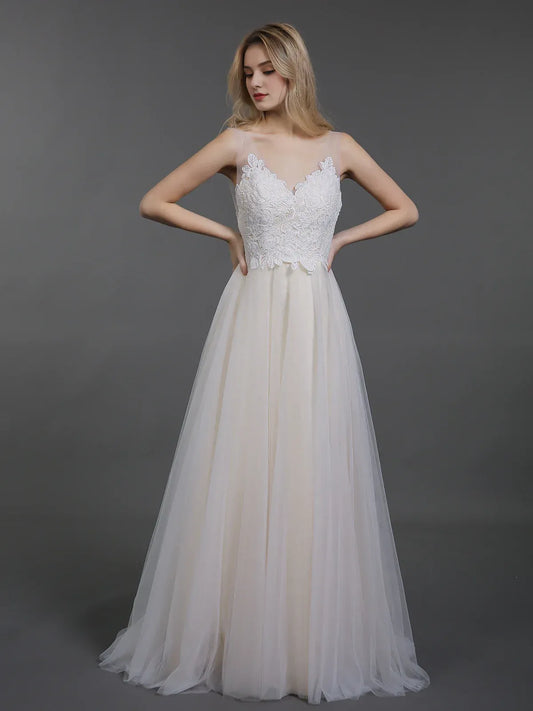 A-Line Illusion Sleeveless Floor-Length Wedding Dress - Yihuiw by Yihuiw