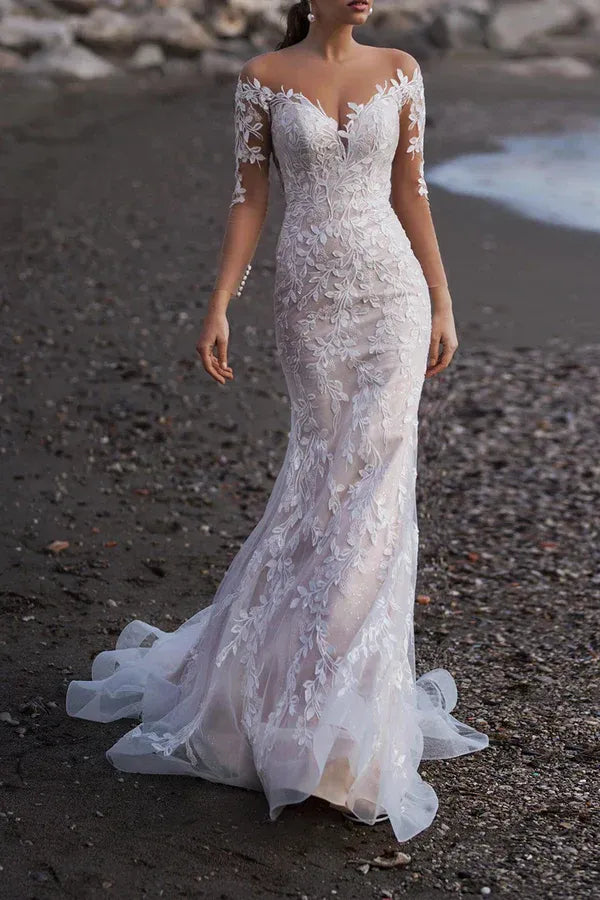 Mermaid Three-Quarter Sleeve Floor-Length Wedding Dress - Yihuiw by Yihuiw