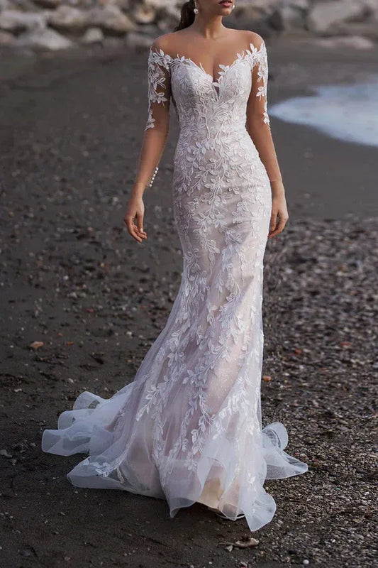 Mermaid Three-Quarter Sleeve Floor-Length Wedding Dress - Yihuiw by Yihuiw