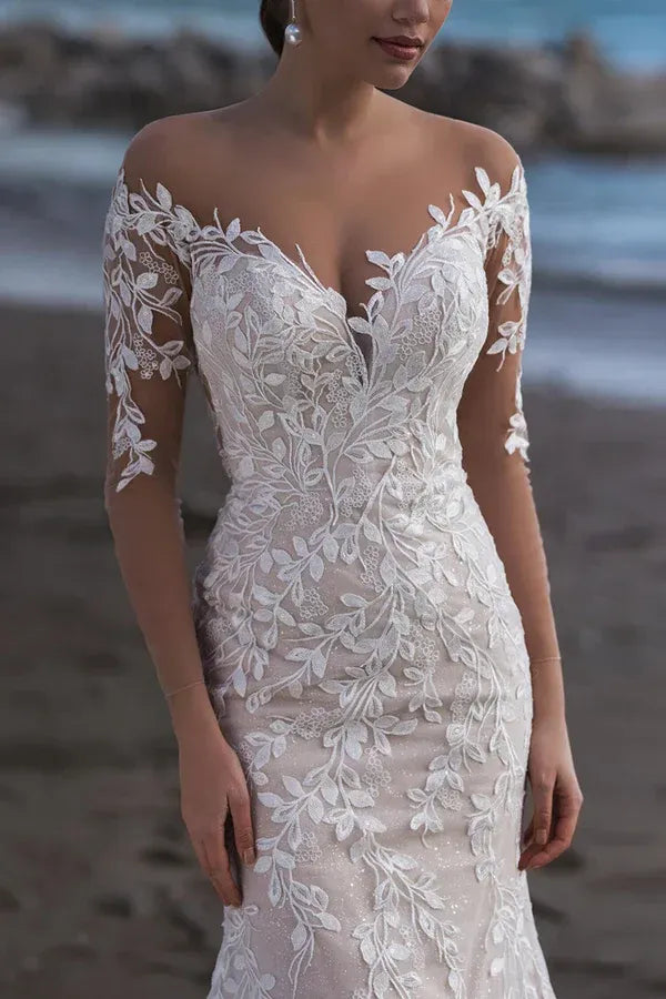 Mermaid Three-Quarter Sleeve Floor-Length Wedding Dress - Yihuiw by Yihuiw