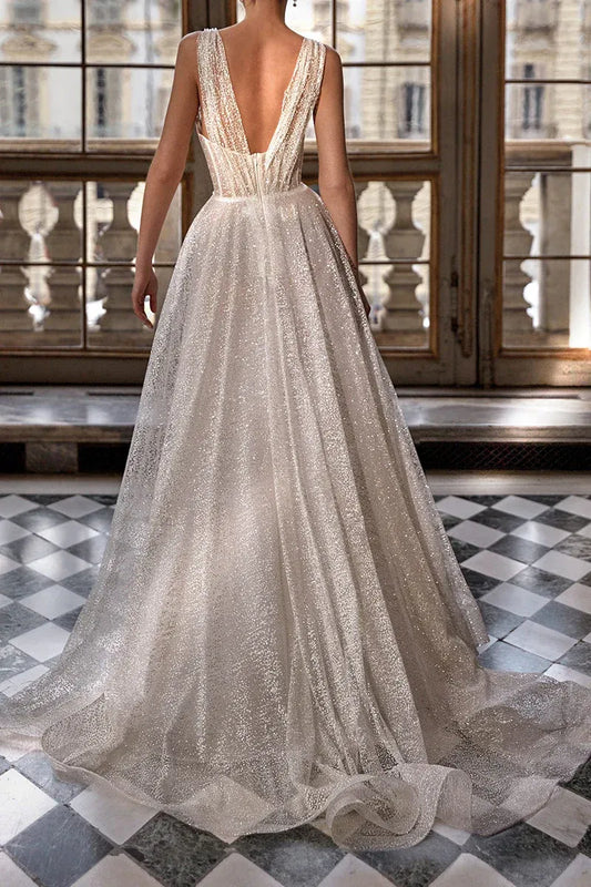 A-Line V-Neck Sleeveless Floor-Length Wedding Dress - Yihuiw by Yihuiw