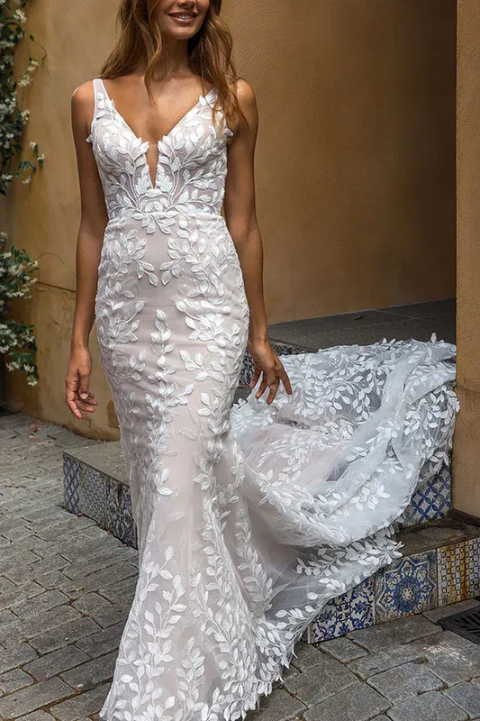 Mermaid V-Neck Sleeveless Floor-Length Wedding Dress - Yihuiw by Yihuiw