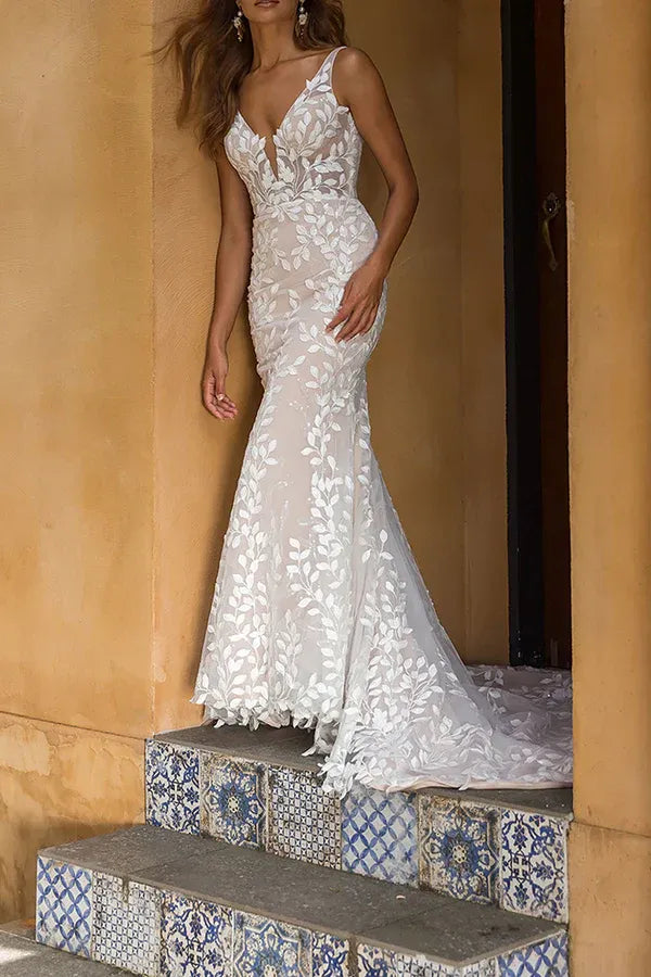 Mermaid V-Neck Sleeveless Floor-Length Wedding Dress - Yihuiw by Yihuiw