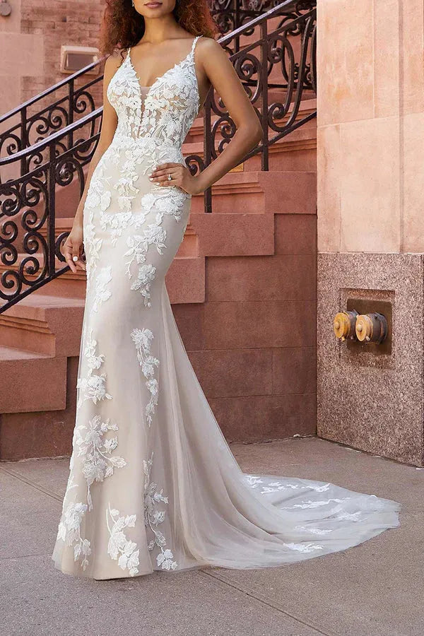 Mermaid V-Neck Floor-Length Wedding Dress - Yihuiw by Yihuiw
