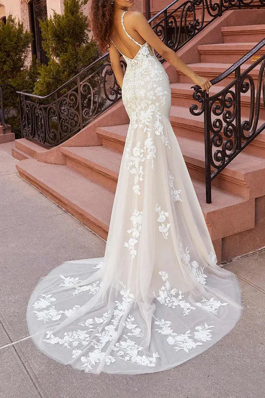 Mermaid V-Neck Floor-Length Wedding Dress - Yihuiw by Yihuiw