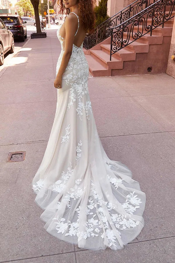 Mermaid V-Neck Floor-Length Wedding Dress - Yihuiw by Yihuiw