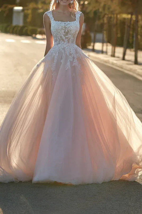 A-Line Square Neck Sleeveless Floor-Length Wedding Dress - Yihuiw by Yihuiw