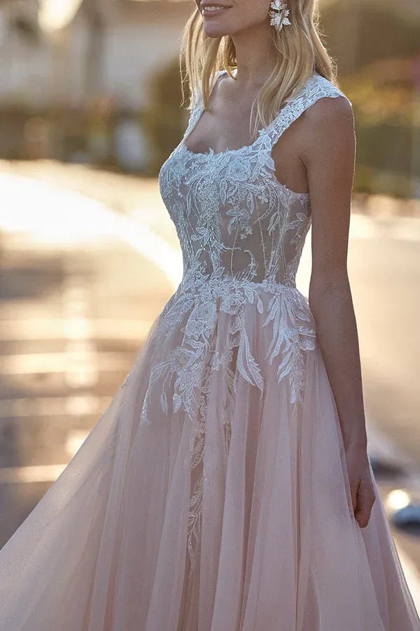 A-Line Square Neck Sleeveless Floor-Length Wedding Dress - Yihuiw by Yihuiw