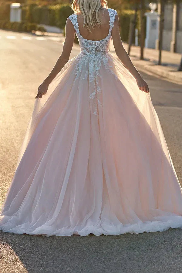 A-Line Square Neck Sleeveless Floor-Length Wedding Dress - Yihuiw by Yihuiw