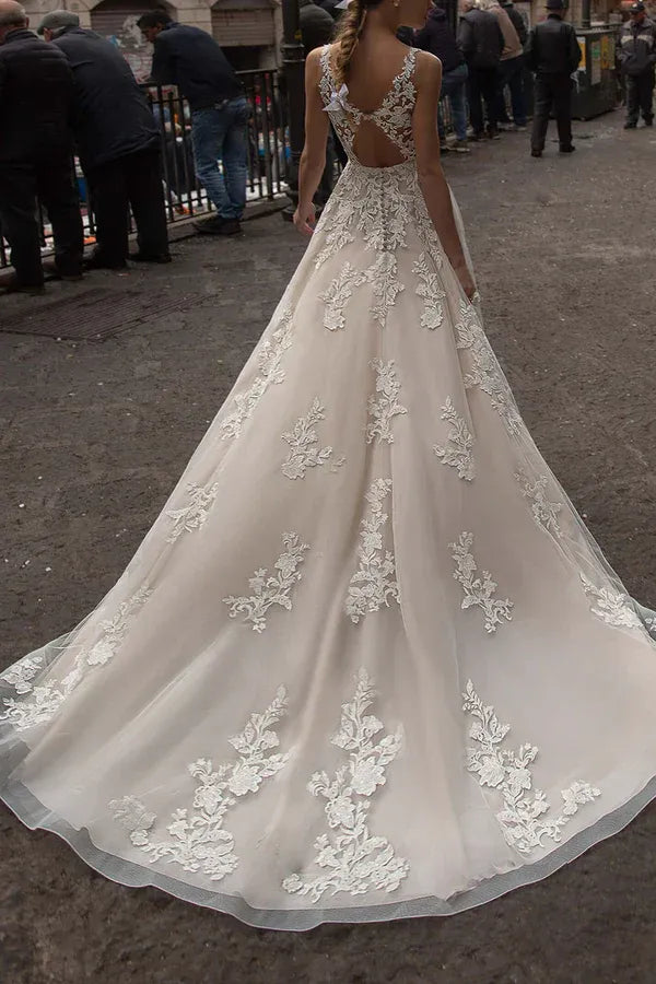 A-Line V-Neck Sleeveless Floor-Length Wedding Dress - Yihuiw by Yihuiw