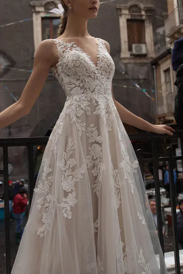 A-Line V-Neck Sleeveless Floor-Length Wedding Dress - Yihuiw by Yihuiw