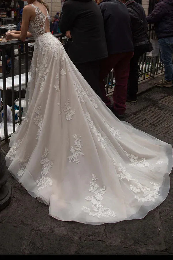 A-Line V-Neck Sleeveless Floor-Length Wedding Dress - Yihuiw by Yihuiw