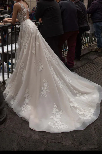 A-Line V-Neck Sleeveless Floor-Length Wedding Dress - Yihuiw by Yihuiw