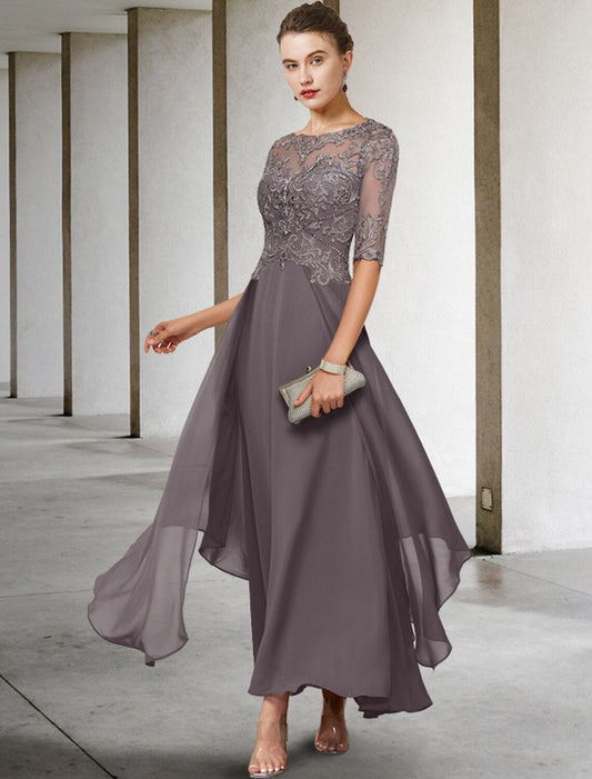 A-Line Mother of the Bride Dress Formal Wedding Guest Elegant Scoop Neck Asymmetrical Ankle Length Chiffon Lace Half Sleeve No with Beading Appliques by YiHuiw