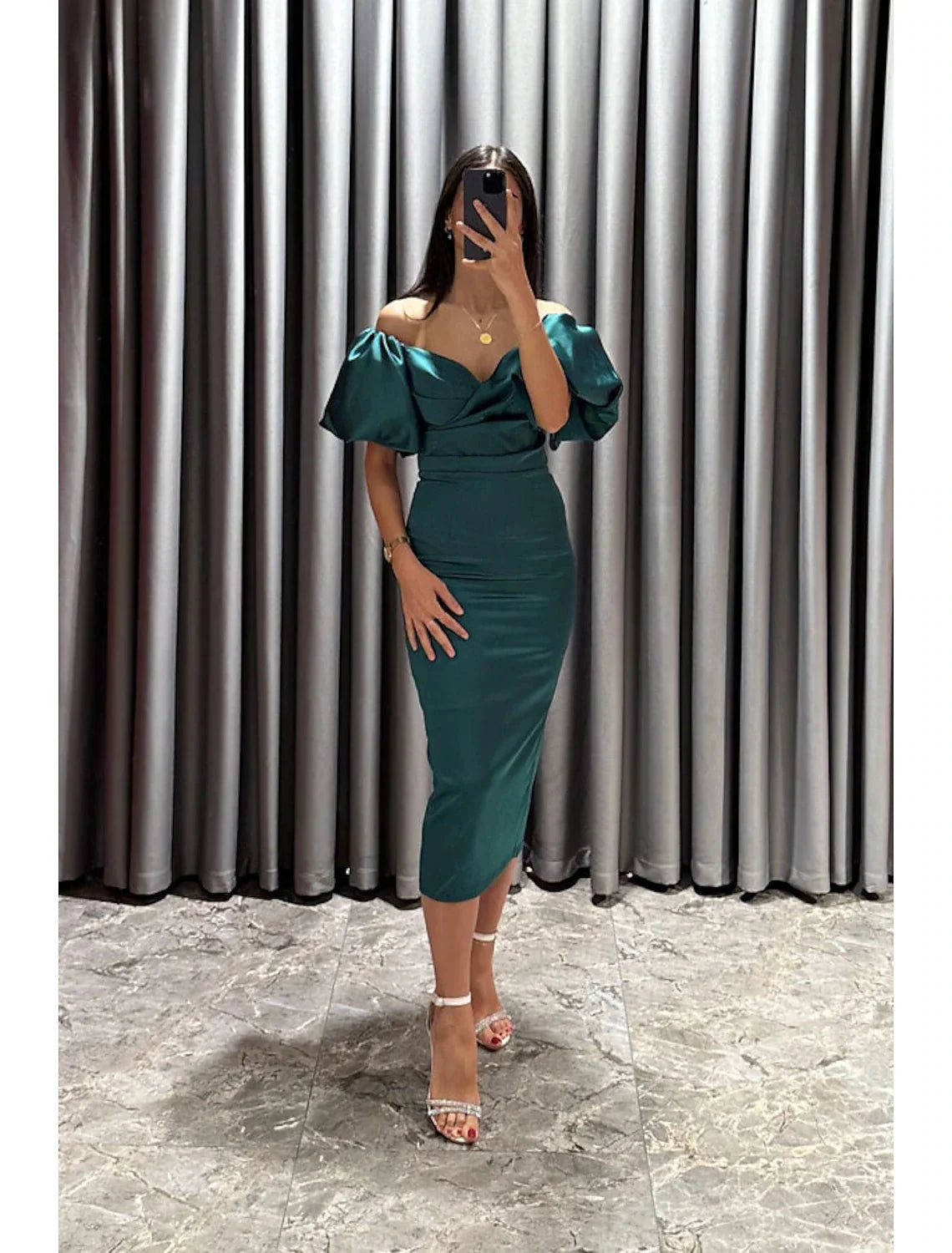 Sheath / Column Cocktail Dresses Party Dress Formal Fall Tea Length Short Sleeve Off Shoulder Satin with Ruched Slit by YiHuiw