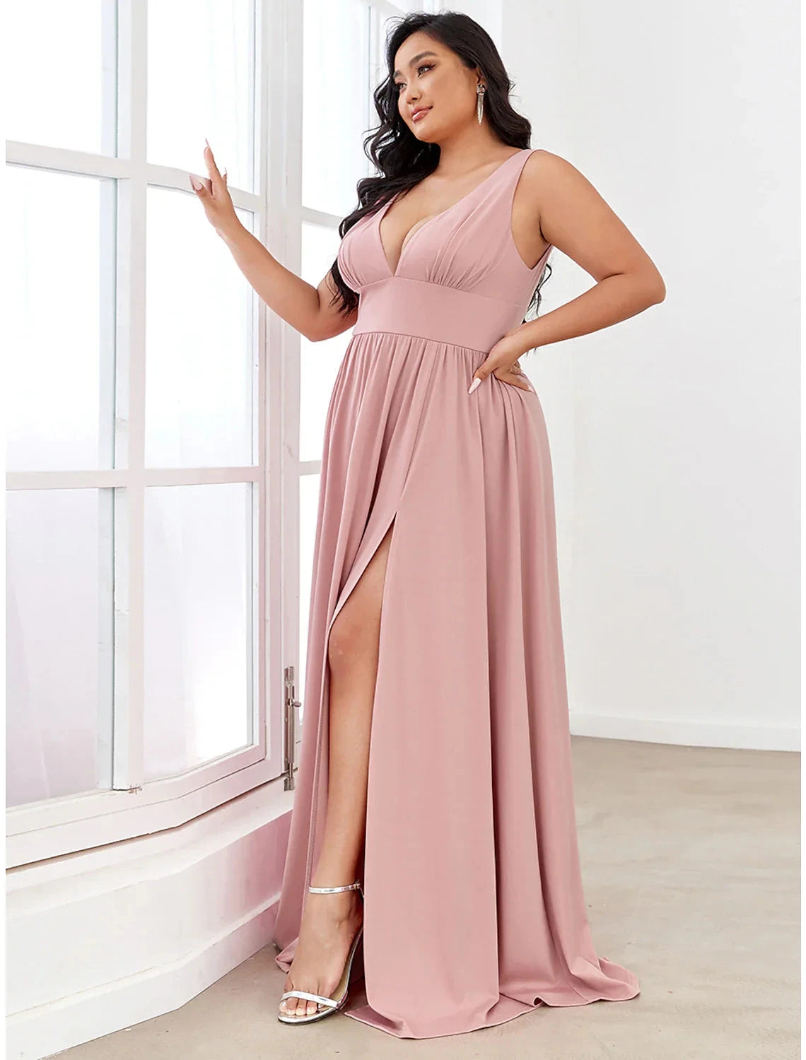 A-Line Prom Party Dress High Split Dress Wedding Guest Formal Evening Floor Length Sleeveless V Neck Bridesmaid Dress Chiffon V Back with Slit Pure Color by YiHuiw