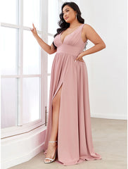 A-Line Prom Party Dress High Split Dress Wedding Guest Formal Evening Floor Length Sleeveless V Neck Bridesmaid Dress Chiffon V Back with Slit Pure Color