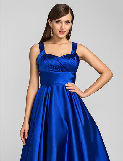 A-Line Minimalist Dress Wedding Guest Cocktail Party Tea Length Sleeveless Square Neck Satin with Criss Cross by YiHuiw