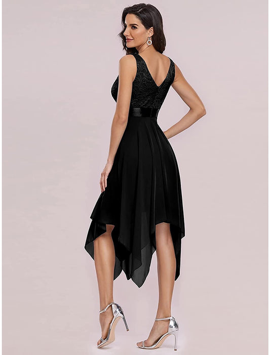A-Line Cocktail Dresses Party Dress Homecoming Wedding Guest Asymmetrical Sleeveless V Neck Chiffon V Back with Pure Color Splicing by YiHuiw