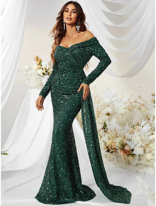Mermaid / Trumpet Evening Gown Sparkle & Shine Dress Formal Cocktail Party Sweep / Brush Train Long Sleeve Off Shoulder Polyester with Sequin by YiHuiw