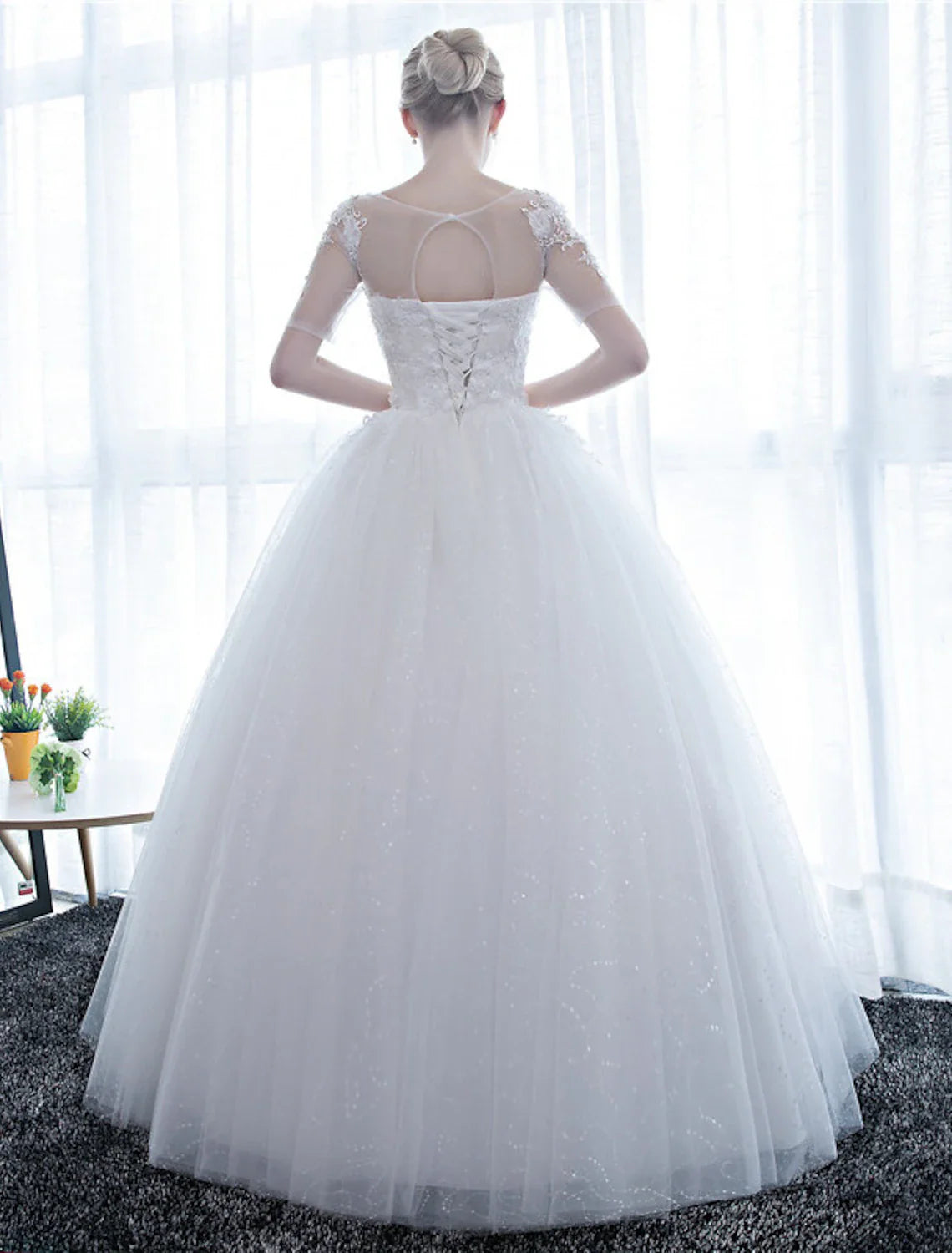 Reception Formal Wedding Dresses Ball Gown Illusion Neck Half Sleeve Floor Length Satin Bridal Gowns With Lace   Summer Wedding Party  Women's Clothing