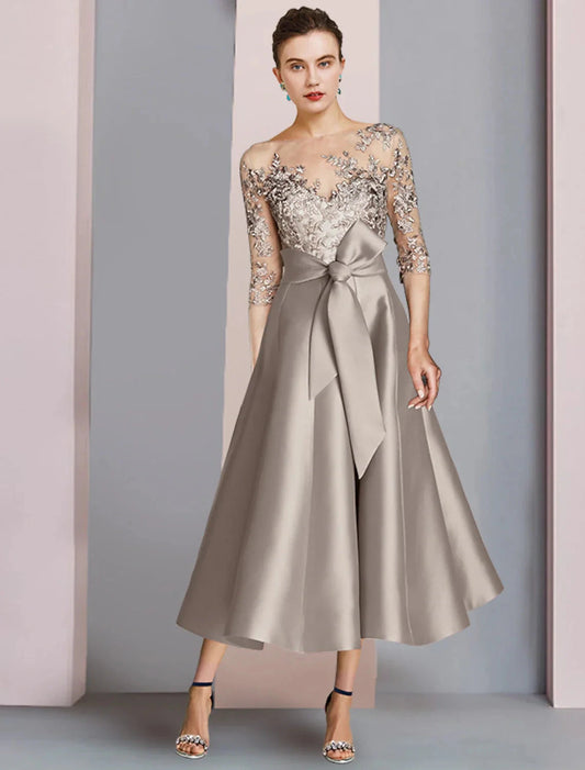 A-Line Mother of the Bride Dress Wedding Guest Party Elegant Scoop Neck Tea Length Satin Lace Half Sleeve with Bow(s) Appliques by YiHuiw