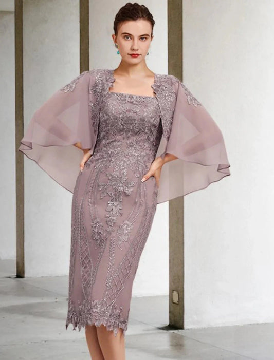 Sheath / Column Mother of the Bride Dress Vintage Elegant Square Neck Knee Length Chiffon Lace Sleeveless Jacket Dresses with Appliques by YiHuiw
