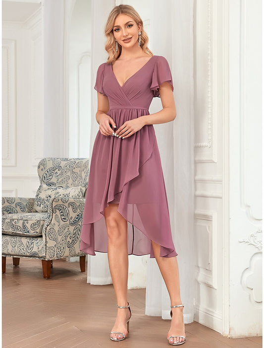 A-Line Bridesmaid Dress Plunging Neck Sleeveless Elegant Asymmetrical / Short / Mini Chiffon with Pleats / Cascading Ruffles / Solid Color by YiHuiw