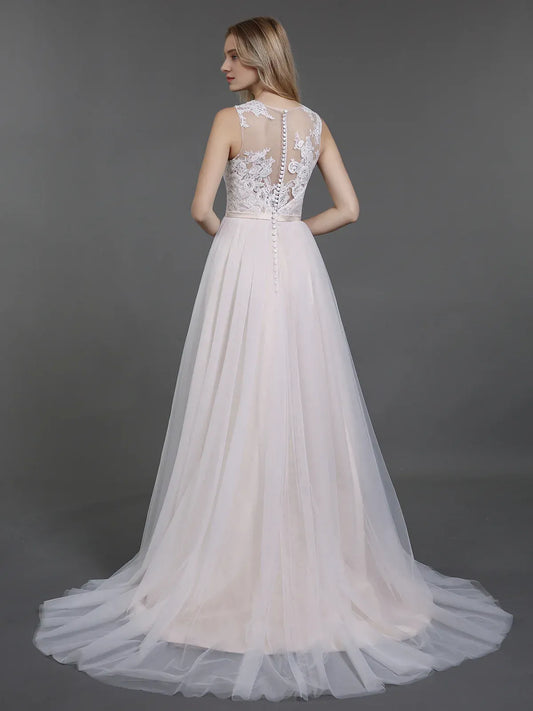A-Line Illusion Sleeveless Floor-Length Wedding Dress - Yihuiw by Yihuiw