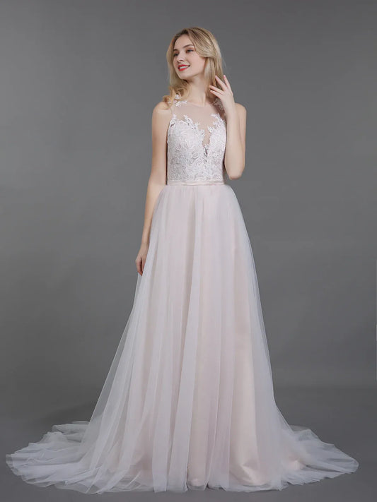 A-Line Illusion Sleeveless Floor-Length Wedding Dress - Yihuiw by Yihuiw