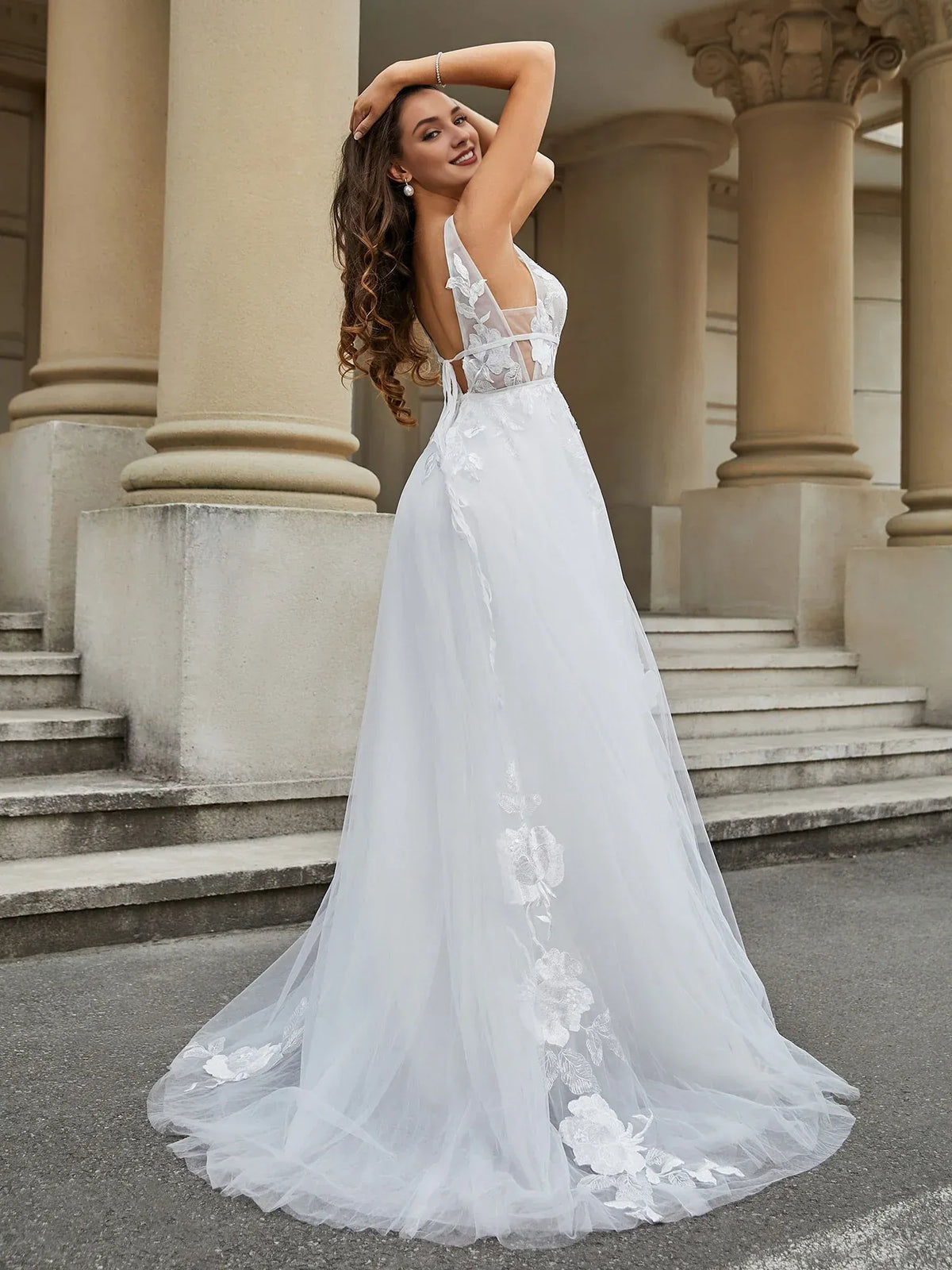 A-Line Plunging Sleeveless Floor-Length Wedding Dress - Yihuiw by Yihuiw
