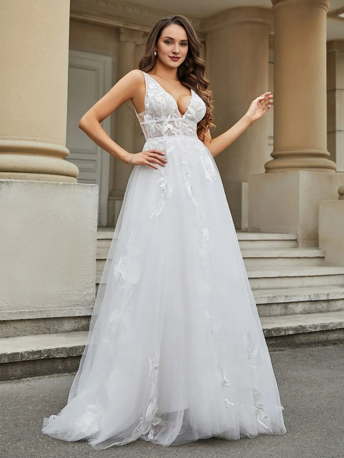 A-Line Plunging Sleeveless Floor-Length Wedding Dress - Yihuiw by Yihuiw