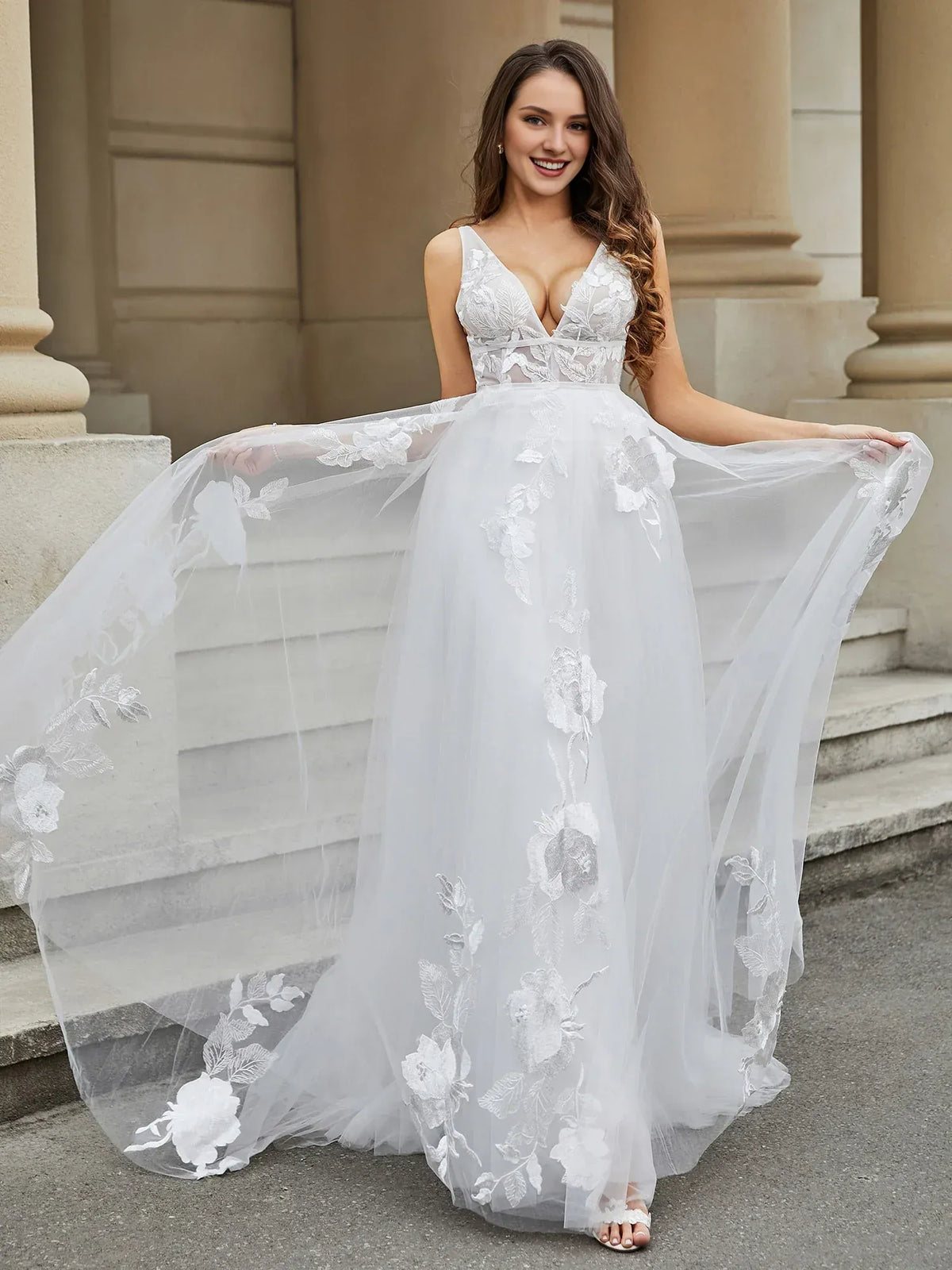 A-Line Plunging Sleeveless Floor-Length Wedding Dress - Yihuiw by Yihuiw