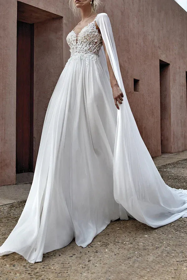 A-Line V-Neck Floor-Length Wedding Dress - Yihuiw by Yihuiw
