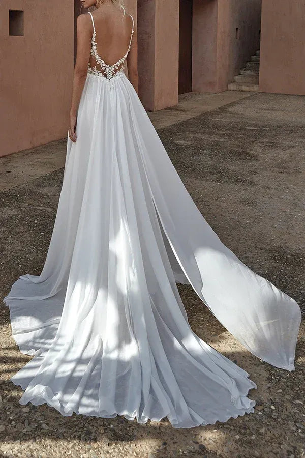 A-Line V-Neck Floor-Length Wedding Dress - Yihuiw by Yihuiw