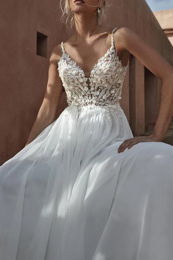 A-Line V-Neck Floor-Length Wedding Dress - Yihuiw by Yihuiw